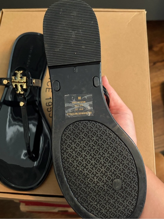Tory Burch Shoes - Tory Burch Black Patent Logo Thong Sandals with Gold Emblem